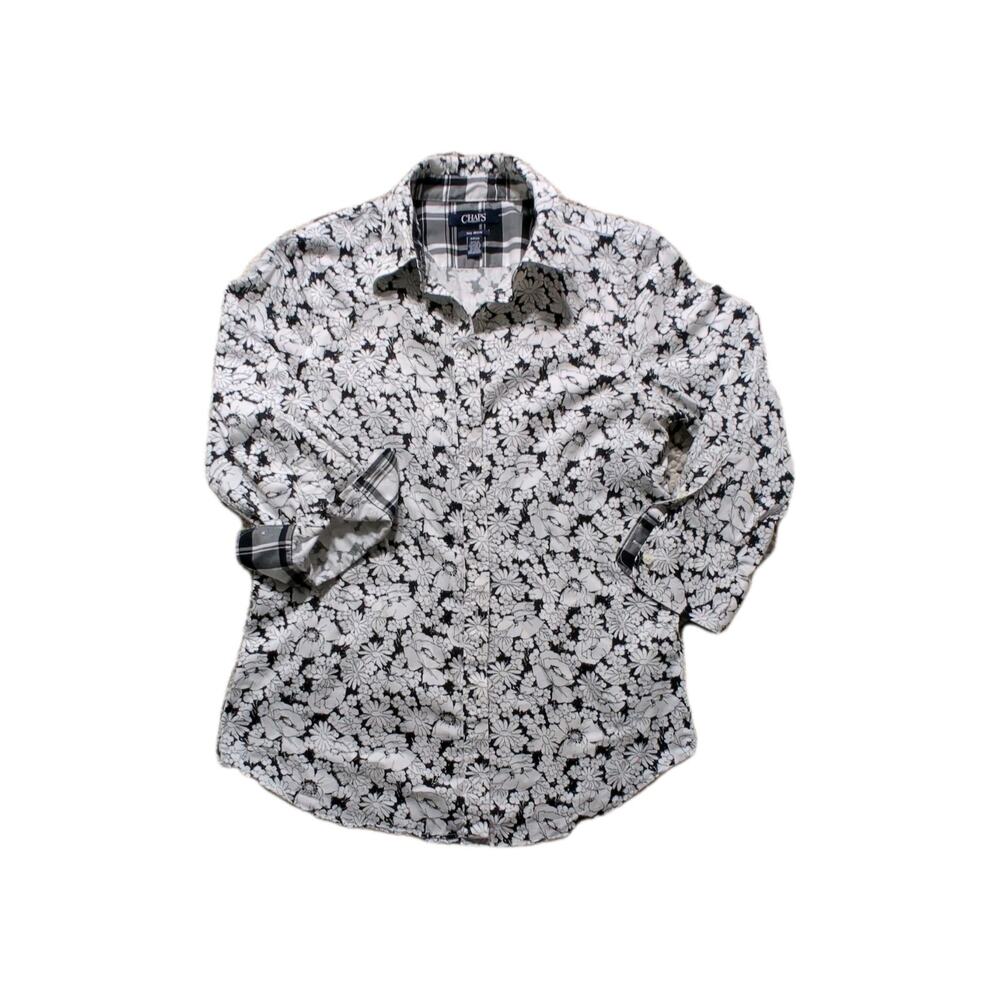 Chaps No Iron Women's Black/White Floral 3/4 Sleeve Woven Cotton‎ Button-Up S